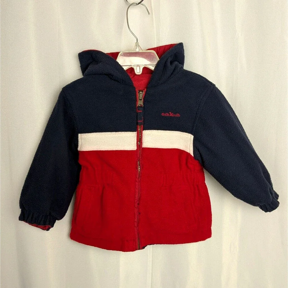 Vtg Oshkosh Reversible Fleece Puffer Red Blue Snap/Zip Up Hooded Jacket Boys 2T
